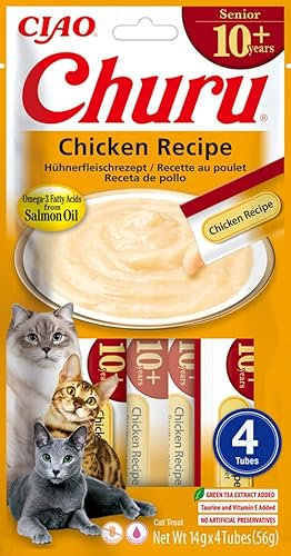 INABA Churu Senior Katzenleckerlis mit 30% Huhn, Omega 3 Fettsäuren aus Lachsöl, Taurin, Nur 7 kcal pro Tube Gesunde Katzen Leckerlies, Senior Katzenfutter 56 g (1er Pack)