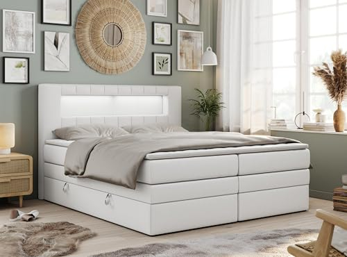 MKS MEBLE Boxspringbett 160x200 mit Led Kunstleder Weiß, Polsterbett mit LED Kopfteil, Multipocket Matratze H3, Doppelbett mit Bettkasten Stauraumbett - GOLD-5-KING - Kunstleder Weiß
