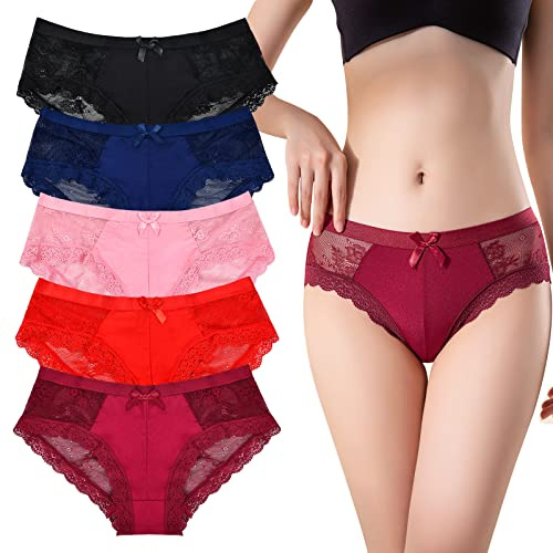 Daelesr Women's Lace Knickers Multipack of 5, Ultra Thin Floral Lace Briefs Ladies, Sexy Panties with Bow, Stretchy Low Rise Bikini Hipster Lace Underwear for Women