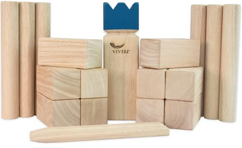 Vivere Kubb Yard Game Set, Tournament Size Viking Chess Outdoor Toss Game with 10 Blocks, 4 Corner Stakes and Carry Case, Rubber Wood Lawn Game Play
