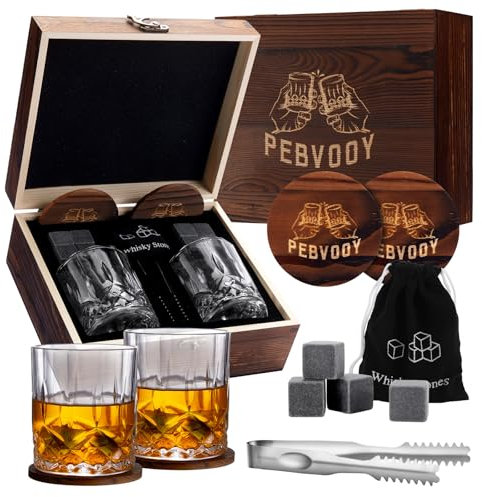 QOEOTUY Juego de Vasos de Whisky - Regalos Originales para Hombre - Set de Regalo de Whisky (2 Vasos, 8 Piedras de Whisky y Accesorios) - Regalo navidad para Papá, Esposo, Hombre