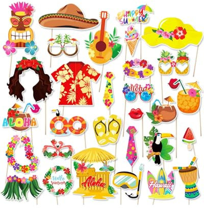 TPZORJX 30pcs Foto Props Hawaii, Photo Booth Hawaii Accessori, Puntelli per Foto di Hawaiana, photo booth，Divertenti Hawaiana Gadget, per Festa di Luau Hawaiane Decorazione，tema hawaiano per feste