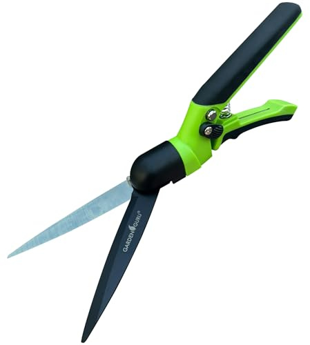 Garden Guru Hand Grass Clipper Scissors – Rotating Cutter Head with Safety Lock – Rust Proof High Carbon Steel Blades – Soft Comfort Grip Handles – Perfect for Lawn Edging, Shrubs, Flowers, Gardening