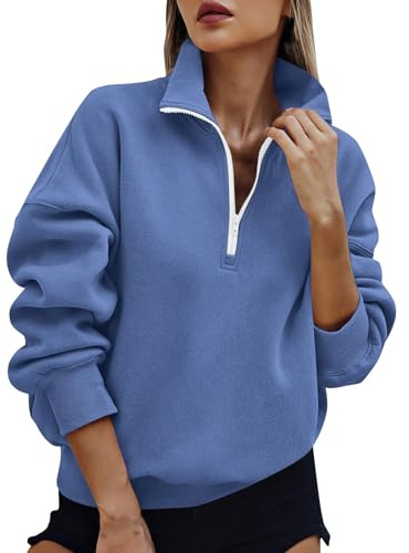Womens Half Zip Sweatshirt Solid Casual 1/4 Zip Pullover Tops Autumn Winter Cosy Jumpers Ladies Sweaters Quarter-Zip Fleece Sweatshirt with Pockets Knitwear Fashion Casual Long Sleeve Top Blue