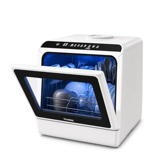 FOHERE Mini Lavastoviglie Con Serbatoio Da 5 Litri, Funzione Timer, Collegamento Dell’Acqua 2 In 1, 6 Programmi, Display LED，Lavastoviglie Da Tavolo E Mini Pulitore Per Ufficio, Monolocale E Camper