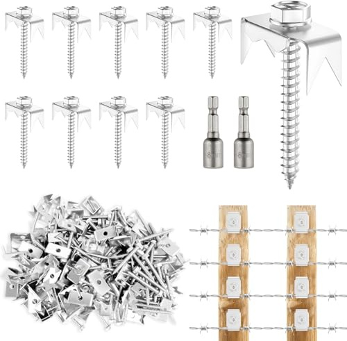 100 Pcs Fence Post Screws with Wire Fixer, Heavy Duty Fence Staples for Wire Fencing, with Hex Adapter, Stainless Steel, for Building or Repairing Wire Fences, Garden Trellises