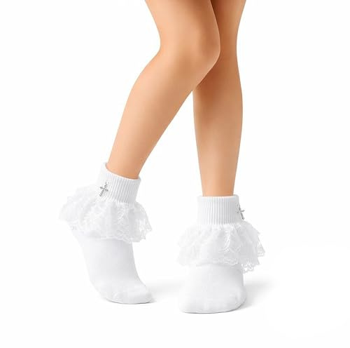 Sevva Girls First Communion Ankle Socks Frilly Lace White with Silver Cross Charm (UK, Age, 7 Years, 11 Years, Regular, White)