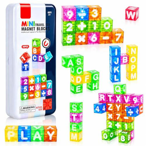 Mini Cube Magnétiques Set de Voyage avec Boîte Métallique 40 Pièces Magnetic Blocks Incluant 26 Lettres Chiffres et Symboles Mathématiques Jouet Construction Magnetique pour Enfants 3 à 7 Ans