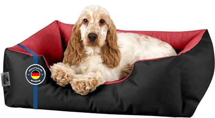 BedDog Hundebett LUPI, Hundekissen mit Abziehbaren Waschbaren Bezug, Hundekorb, Hundesofa, für Kleine Hunde, S, schwarz-rot