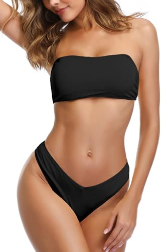 SHEKINI Mujer Traje de Baño de Dos Piezas Bandeau Bikini Top Ajustable con Acolchado Elegante Clásico Bikini Sets de Playa (M, Negro)