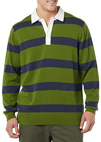 Amazon Essentials Men's Rugby Sweater, Olive Stripe, Medium