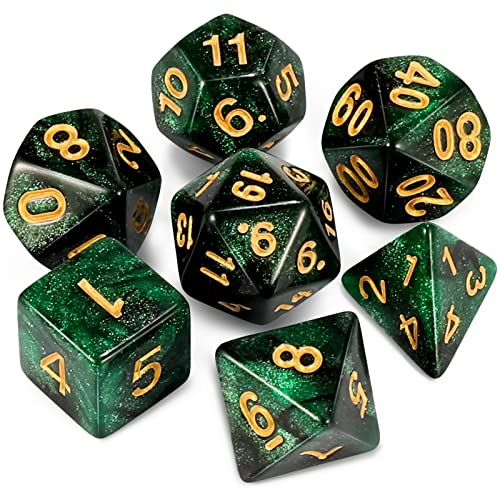 QMAY DND Dice Polyedrisches Würfel Set - 7 Stück für Dungeon und Dragons MTG RPG D&D D20, D12, D10, D%, D8, D6, D4 (Schwarz und Grün)