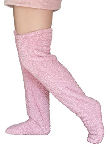 XACKWUERO Pantuflas de felpa medias de piel larga calentadores de piernas para mujeres hombres por encima de la rodilla calcetines difusos altos calcetines de invierno casa dormir calcetines, Rosa.,