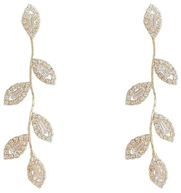 BSLVWG Pendentif et Boucles d'Oreilles Cristal Feuilles d'Or Gland et Strass CZ Longues Bijoux de Mariage pour Femme Mariée et Fille