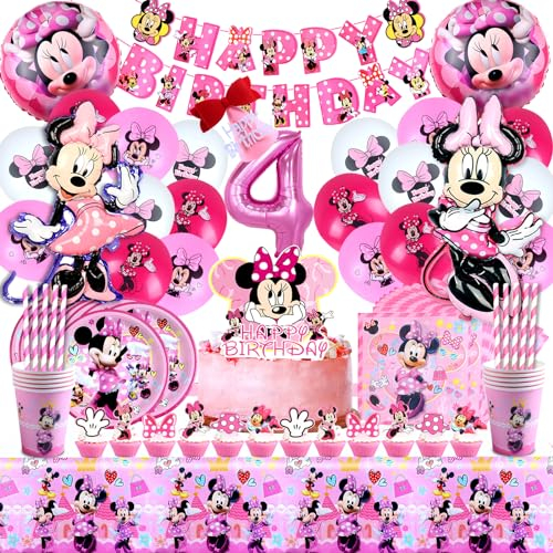 104 Stück Geburtstag Mädchen 4 Jahre Deko Minnie, Minnie Luftballons 4 Jahre, Minnie Geburtstag Party Geschirr, Minnie Deko Geburtstag 4, Folienballon Minnie 4, Kindergeburtstag Minnie 4