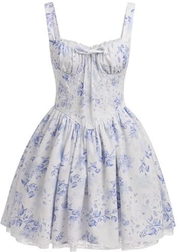 OBEEII Women's Floral Corset Mini Dress Square Neck Spaghetti Strap Summer Boho Sundress Floral Print Lace Up Fitted Dress Blue Floral M