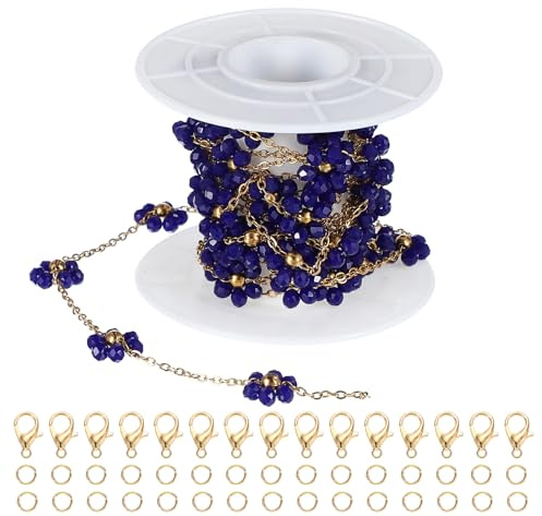PATIKIL Stainless Steel Jewelry Chain, 7Ft 1.5mm Sapphire Blue Crystal Flower Link Cable Chains for Necklace Earring Bracelet Findings Jewelry Making Trucker Hat Chains, Gold/Sapphire Blue
