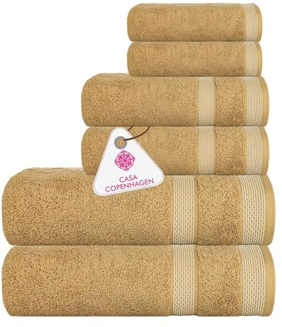 Casa Copenhagen Solitaire Ensemble de Serviettes 6 pièces, Beige 600 g/m² 2 Serviettes de Bain, 2 essuie-Mains, 2 débarbouillettes en Coton égyptien Doux pour Salle de Bain, Cuisine et Douche
