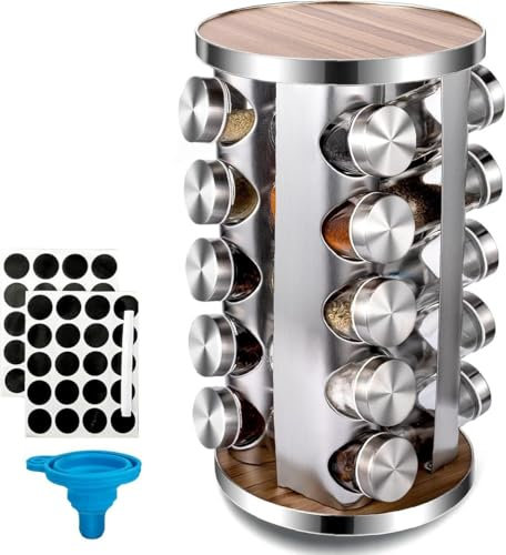 SMH LINE® Portaspezie con barattoli per spezie 20, girevole a 360°, in acciaio inox 430, porta spezie con etichette e penna, venature in legno, bottiglie