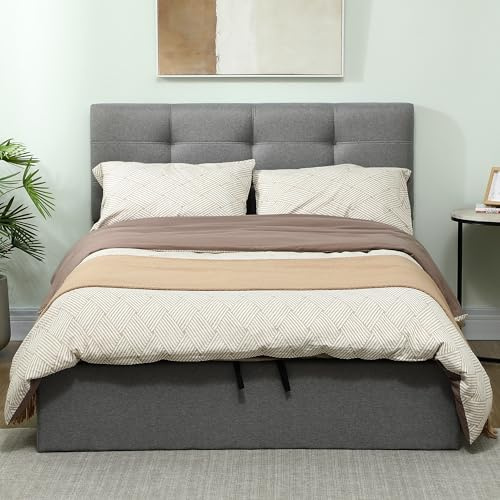 HOMCOM Letto matrimoniale 140 x 190 cm, rete matrimoniale imbottita con doghe in legno e contenitore nascosto, testata imbottita in tessuto effetto lino, supporto fino a 500 kg, senza materasso,