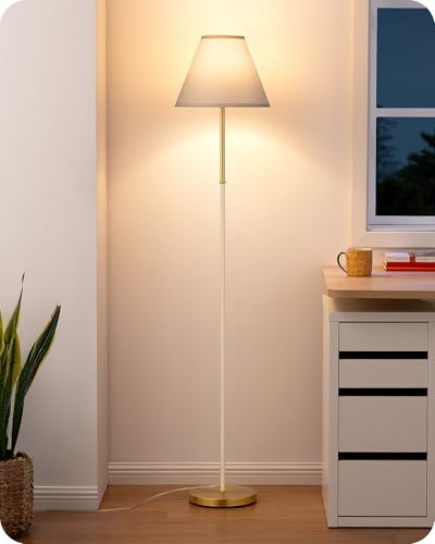 EDISHINE Lampada da Terra Retro per Soggiorno, Paralume in Cotone-Lino e Struttura in Metallo, Lampadina LED 2700K Inclusa, Lampada E27 per Cameretta, Camera da Letto e Angolo Lettura, Bianco