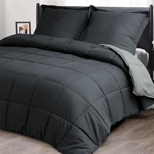 HIG - Edredón de Verano de 3 Piezas, 240 x 220 cm, para Cama de Matrimonio, 150 g/m², Microfibra, Suave, Reversible, con 2 Fundas de Almohada de 65 x 65 cm, Certificado ÖkoTEX (Gris/Gris Claro)