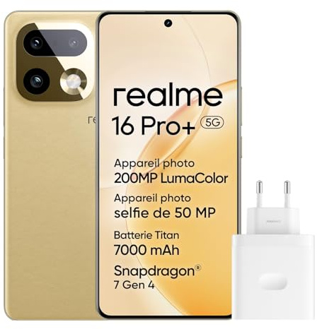 realme 16 Pro+ 5G Smartphone, 12+512GB, 200MP OIS Kamera, 50MP Porträtobjektiv, 7000mAh Akku, 6,8 144Hz Quad-Curved Display, 80W Ladung, KI-Funktionen, Dual-SIM, Gold