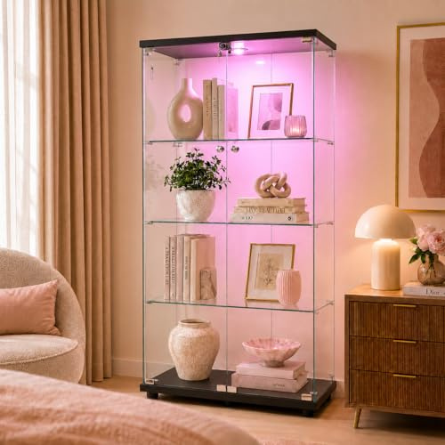 HOOGDLJ Glasvitrinskåp med LED, samlarvitrinskåp, stående låsbar med 2 glasdörrar och 4 golv, vitrinskåp, transparent vitrinskåp, glas för vardagsrum, kontor, samlarobjekt, böcker, vin (svart)