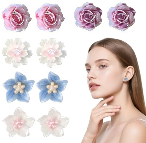 IBXWMNG 5 Paia Orecchini Magnetici Donna Design Floreale Orecchini Magnetici Senza Buco Resina Clip per Orecchie Colorati Stella Polare Accessori di Moda Regalo