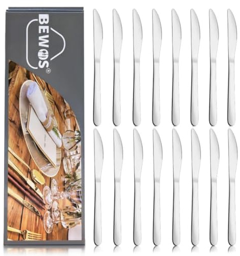 BEWOS Set di 16 Coltelli da Tavola, Coltelli da 9,1''(23,2cm), Coltelli da Cena in Acciaio Inox, Iucidati a Specchio, Lavabili in Lavastoviglie, Coltelli da Tavola per la Casa, il Ristorante e l'hotel