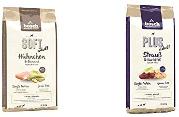 Bosch HPC Soft Hühnchen & Banane | halbfeuchtes Hundefutter für ausgewachsene Hunde Aller Rassen | 1 x 12.5 kg & HPC Plus Strauß & Kartoffel | Hundetrockenfutter für ausgewachsene Hunde Aller Rassen