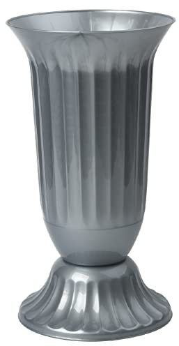 Außen Vase für Garten oder Grab in runder Form sehr robustem Kunststoff mit abnehmbarem Stad-Fuß Grau