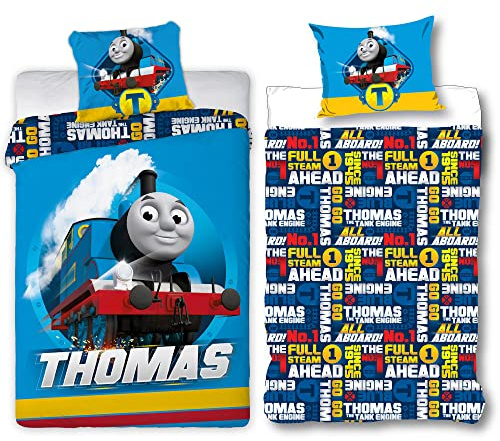 Thomas the Tank Engine Baby Toddler Bed Linen Friends 100 x 135 + 40 x 60 cm 100% Cotton in Renforcé Linon Quality James Edward Henry Gordon Percy Reversible Bed Linen German Size
