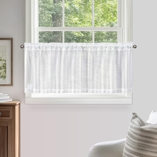 TOPICK 1 Schal H 40 x B 140 (cm) Scheibengardine modern Weiß mit Spitze Transparente Gardine Lace Bistrogardine Küche Kettenwirken Stores Halbtransparent Lichtdurchlässig Vorhang für Klein Fenster