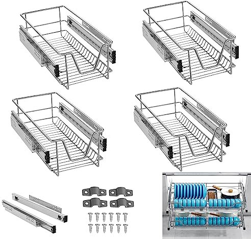 YRHome 4 Stück Küchenschublade Küchen Regal Teleskopschublade Schlafzimmerschublade Schrankauszug Organizer Küchenschrank Korbauszug Vollauszug Schublade Küchen Regal Geeignet für 30cm Schränke