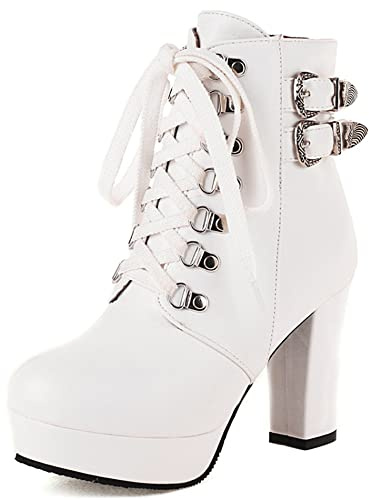 Lroey Reoly Botines Mujer Tacón Ancho, Botas de Fiesta Moda Zip Botines Tacón Alto Punta Rojoonda con Plataforma 543 Blanco Talla 36 EU