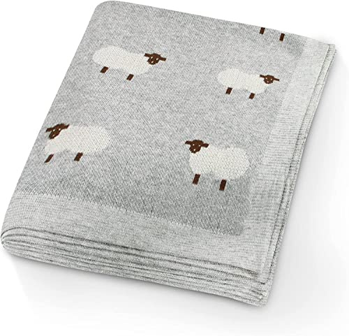 Coperta per Bambini Mimixiong 100% Cotone 80x100cm Doppio Faccia Multifunzionale con Motivo Agnelli per Passeggino Morbida Grigia