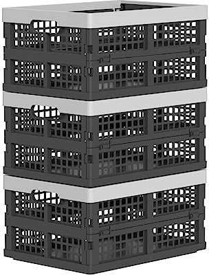 Parlynies Set of 3 Plastic Collapsible Crates, Folding Crate Storage Basket, 30 L