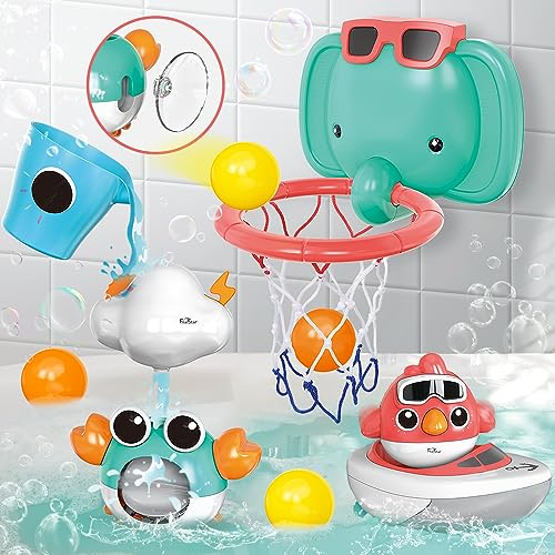 VATOS Baby Badespielzeug, Badezimmer Babyspielzeug für Babys Jungen Mädchen 1 Jahr alt, Baby Badewanne Spielset mit Elefant Basketballrahmen, Vogel, Krabbe, Wolken, Yacht für Kleinkinder 1-3