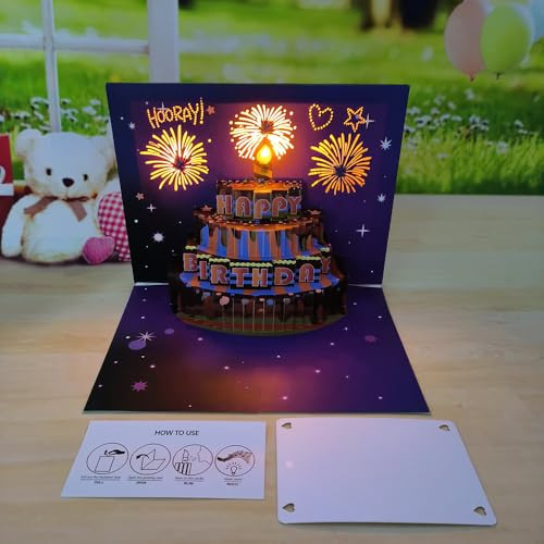YATOSEEN Biglietti Auguri Compleanno 3D, Biglietto Pop-up con Fuochi d'artificio Musicali e Luminosi, Biglietti D'auguri, Regali di Compleanno per Mamma, Donna, Uomo, Bambino, Papà, Moglie
