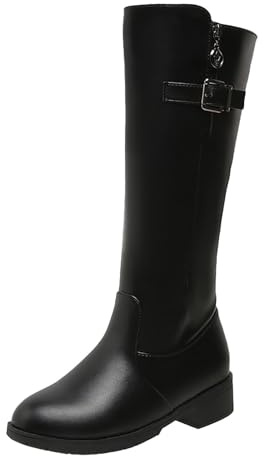 Botas altas sexy para mujer, parte superior ancha, elástico, con hebilla, parte superior larga, botas de punto bajo, botas de montar de piel sintética, botas de equitación elegantes, Negro , 37 EU