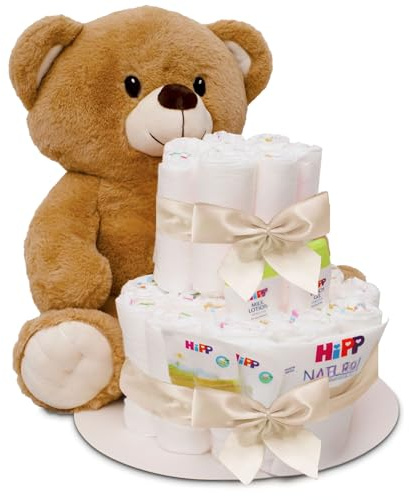 MilaBoo® Tarta de pañales beige con oso de peluche grande I Regalo recién nacido de alta calidad con pañales y productos de Hipp (beige grande)