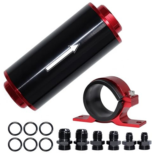 Inline Fuel Filter 100 Micron with 6AN 8AN 10AN Fuel Filter Adapter Universal 50MM, 1 set Inline fuel filter Red