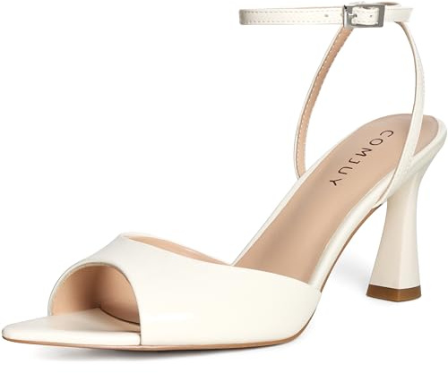 COMJUY White Heels for Women Peep Pointed Toe Kitten Heeled Sandals Strappy Flared Heels Elegant Leather Sandals Comfortable Chic Summer Prom Wedding Sexy Dress Shoes Size 9