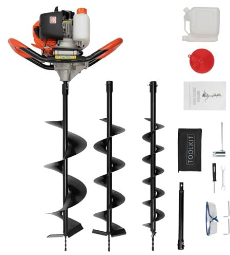 2-Takt Benzin-Erdlochbohrer mit 3 Bohraufsätzen, 52ccm 2,3hp Handbohrer Zaunpfosten Bagger Gartenbohrer Bodenbohrer, 1,7kw Luftgekühlter Zaunpfosten Erdlochbohrer Bagger Erdbohrer Pfostenlochbagger