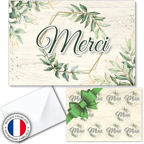 DREANA Kit 10 Cartes de remerciement – Lot de 10 avec enveloppes & stickers – Mariage, Naissance, Baptême, Anniversaire, Fête, Maîtresse – Écologiques & Made in France – Design Nature Chic