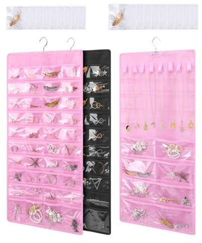WRENYZK 2 Stück schmuckaufbewahrung Doppelseitige mit Metallhaken, Schmuck Organizer Hängend mit 96 Taschen und 16 Haken，Hängeorganizer für Ohrringe, Halsketten, Ringe, Wand, Tür(rosa und schwarz