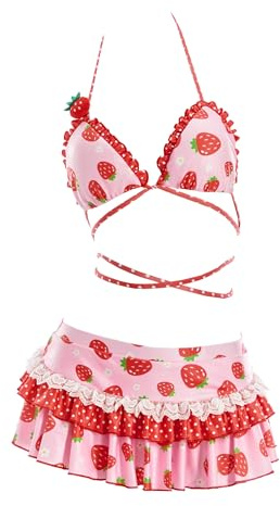 haikyuu Women Strawberry Swimsuit Kawaii Bikini Cute Bathing Suit Pink Y2k Swimwear Vintage Retro (US, Alpha, Large, Regular, Regular, Standard, red)