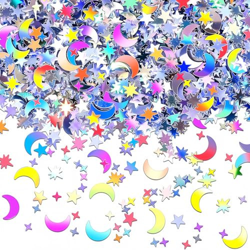 4000Pcs 30G Holographic Star Moon Confetti, Sequin Galaxy Iridescent Table Scatter, Glitter Fairy Confetti Star Moon Sequin, for DIY Wedding Festival Party Decorations, Christmas Tabletop Decor