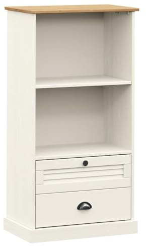faucqel Libreria VIGO 60 x 35 x 114,5 cm in legno di pino massiccio con bottoni in metallo, 2 cassetti, design a persiana, bianco, armadio da soggiorno per libri e documenti